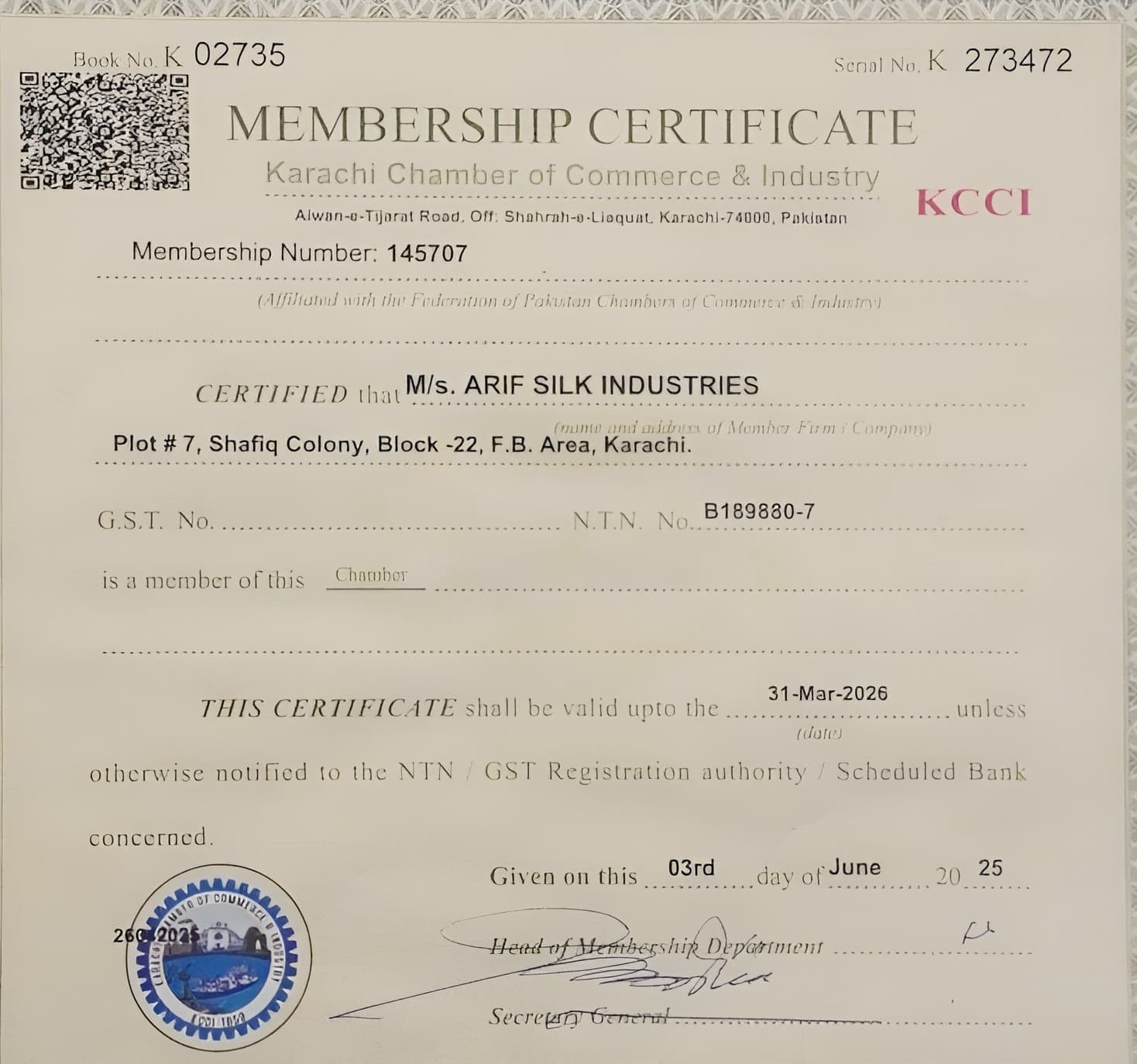 Karachi Member of Chamber & Industry